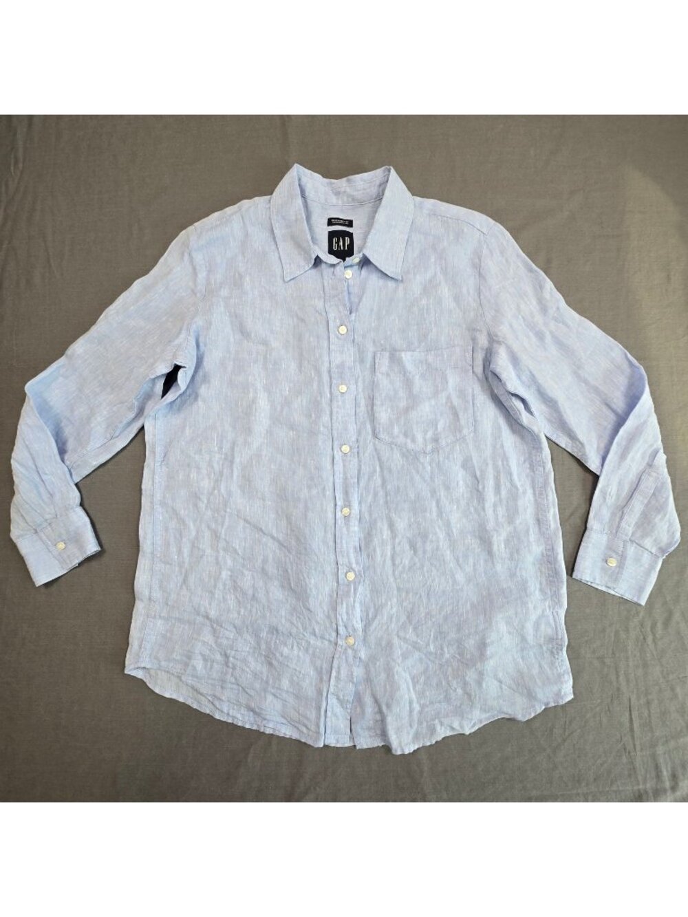 Gap Small Petite Womens Boyfriend Shirt Light Blue 100% Linen Long Sleeve Button